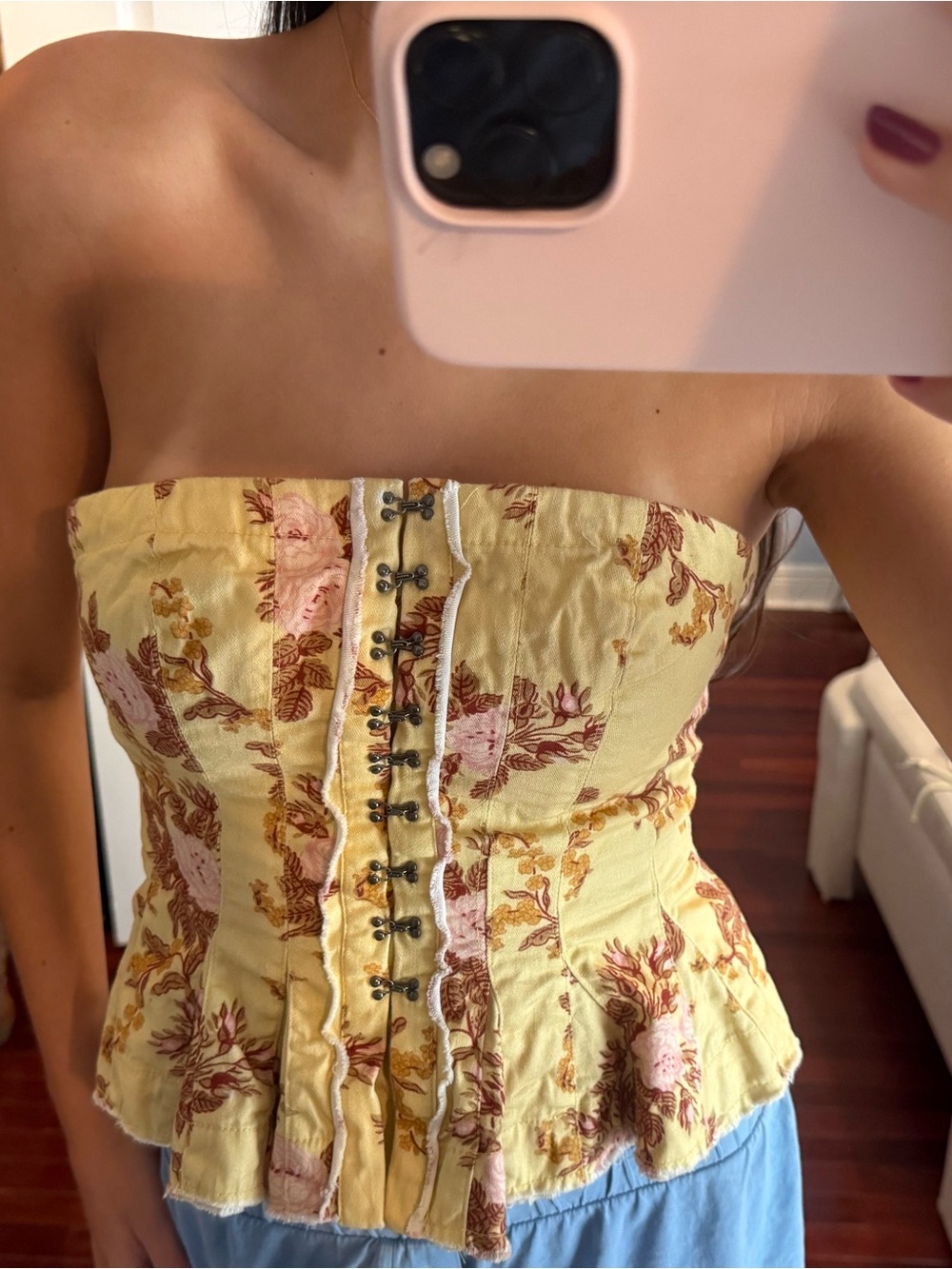 Free People Yellow Floral Strapless Corset Top